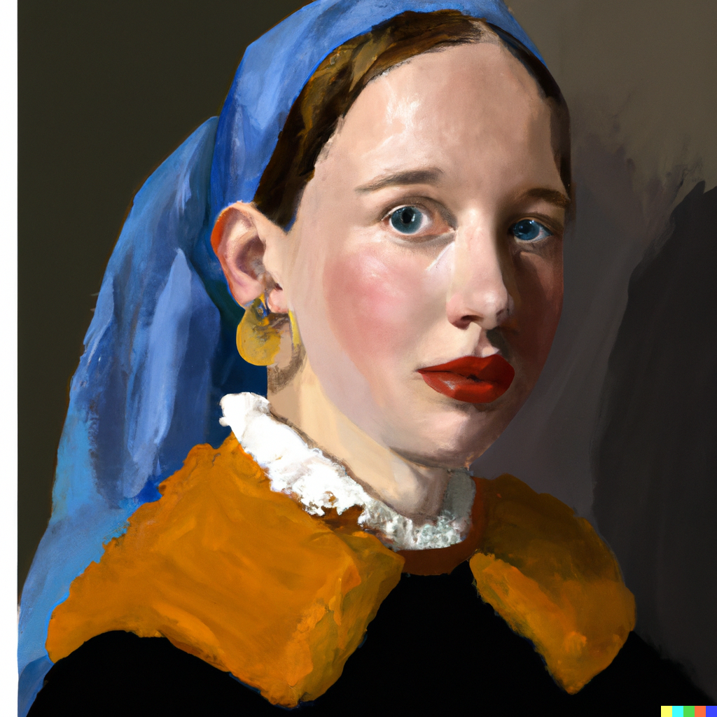 DALL E 2023 03 06 11 40 21 Maak een portret van een mooi meisje met volle lippen en blauwe ogen en glinsterende oranje oorbellen in de stijl van Vermeer